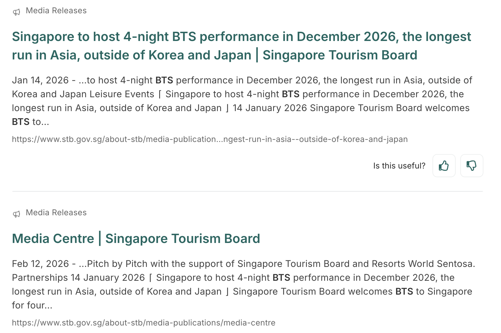 방탄소년단(BTS) 12월 4회 공연 확정을 알리는 싱가포르 관광청(STB)의 공식 보도자료